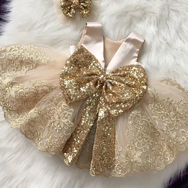 

2023 Summer Sequin Big Bow Baby Girl Dress 1st First Birthday Party Wedding Dress For Girl Princess Evening Dresses Kid Clothes