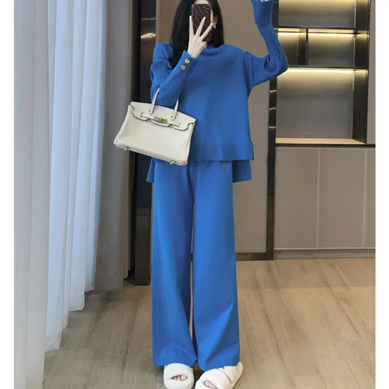 

Женский трикотажный спортивный костюм, свитер с круглым вырезом и свободные брюки, костюм из 2 предметов, Осень-зима 2022