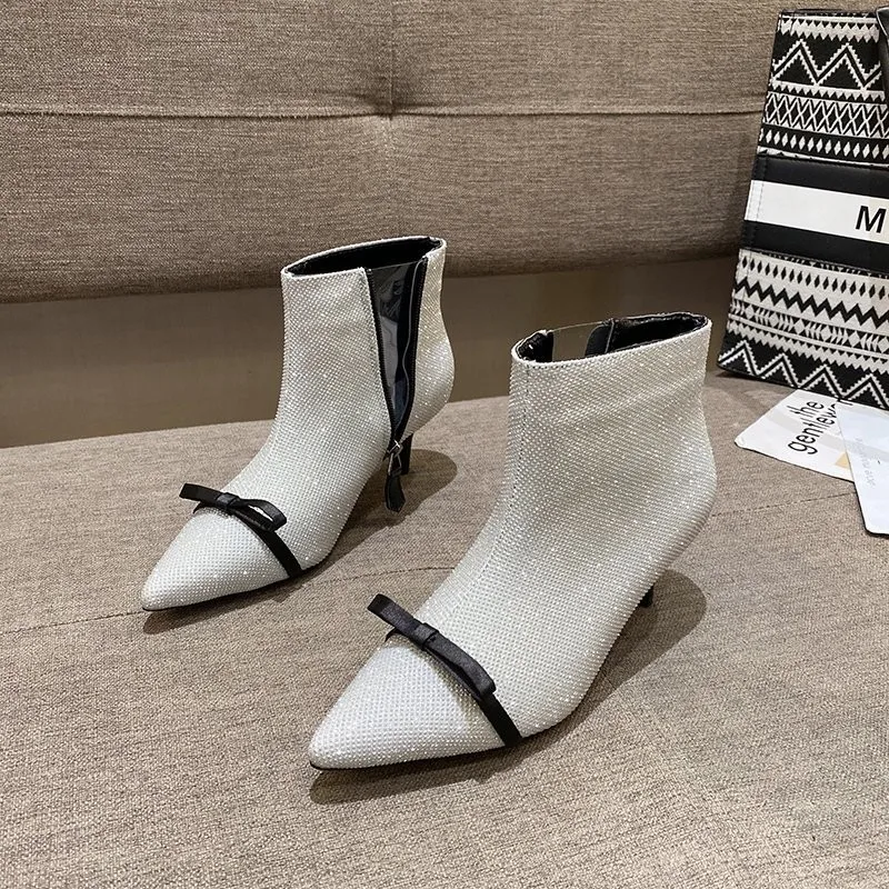 

2022 Winter shoes women Slim Heel High Heeled Boots Women's New Bow Pointed Short Boots with Side Zipper Bling Party Ankles Boot