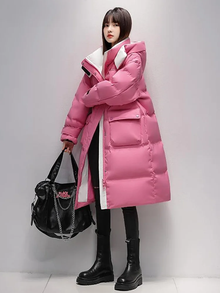 Duck Mid-Length Down jacket Women Contrast Color Korean Sle Thick Loose Slimming over the Knee Outerwear 2024 Winter N...