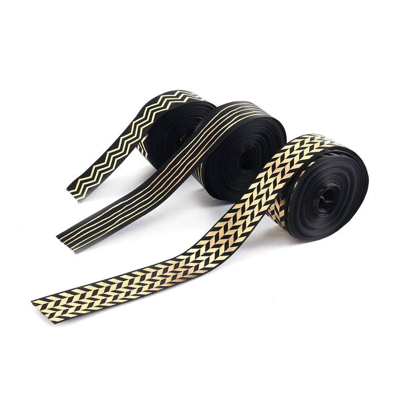 

3 Pcs 1 Inch Christmas Ribbon Striped Wrapping Bronzing Grosgrain Fabric Black And Gold Printed Stripes Ribbon