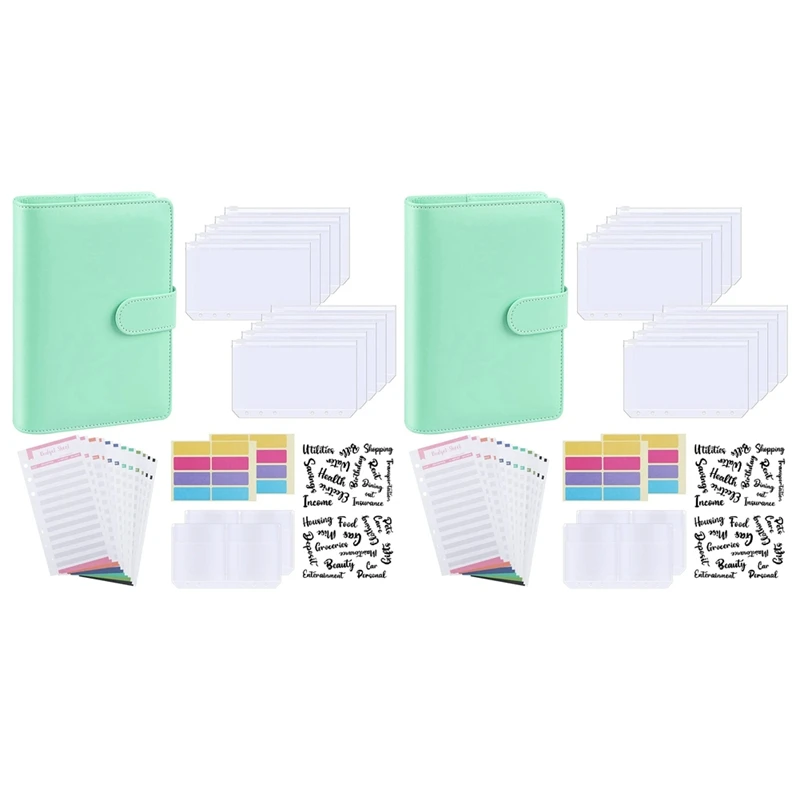 

2X Budget Binder, A6 PU Leather Notebook Planner Organizer Refillable 6 Ring Binder Cover Letter Sticker Labels Green