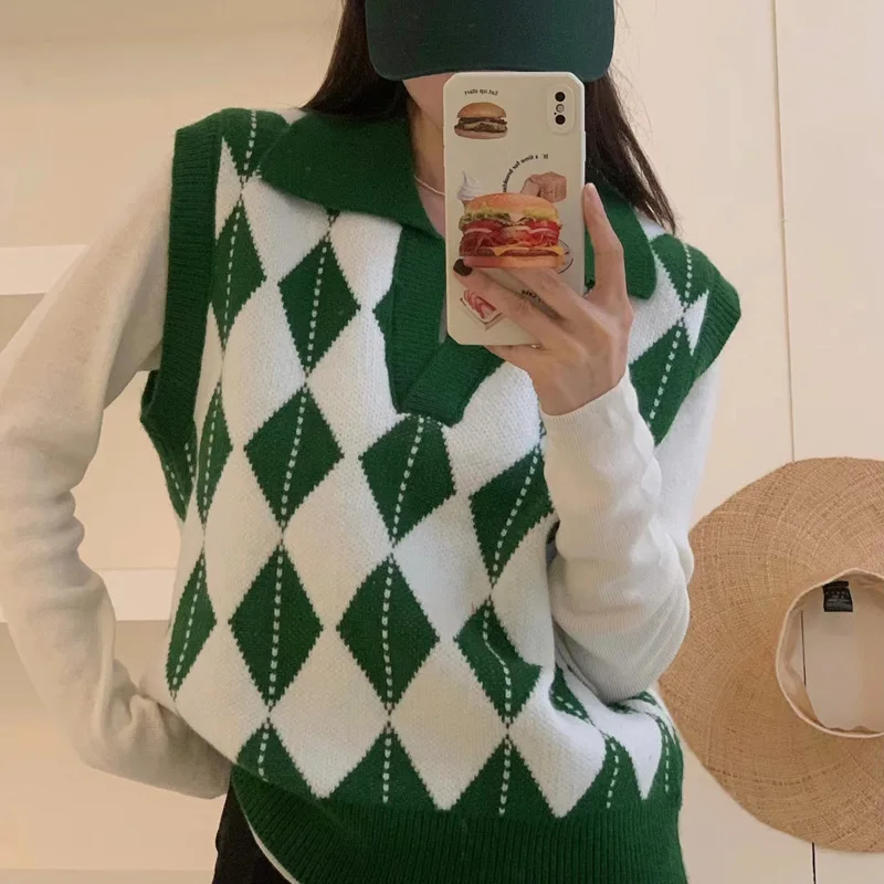

Vintage Argyle Sweater Vest for Womern Preppy Style Lapel Plaid Knitted Vests Autumn Fashion Sleeveless Jecket Chaleco Mujer