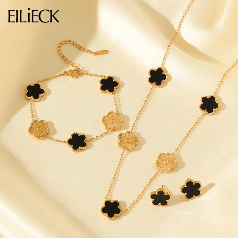 EILIECK Нержавеющая сталь 316L Черный цветок пятилистный клевер ожерелье браслет