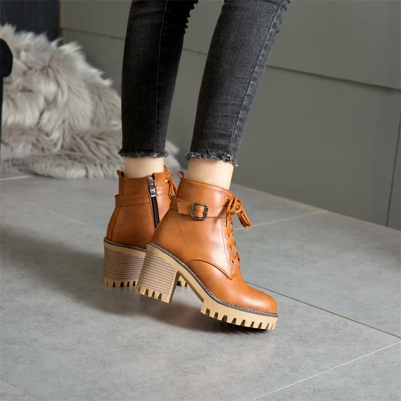Plus Size 34-43 Ankle Boots Women 2022 Winter Warm Shoes 8cm High Heel Office Lace Up Buckle Platform Leather Shoes Short Boots