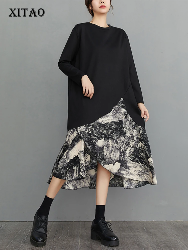 

XITAO Casual Dress Asymmetrical Ruffles Splicing Print Hem Loose Fashion Long Sleeve Simplicity New Pullover Dress DMJ2448