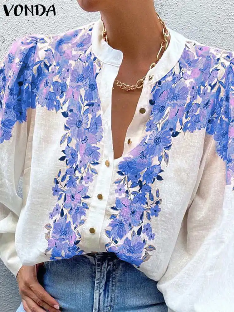 

VONDA летние топы и блузки 2023 женские рубашки модные с длинным пышным рукавом богемный цветочный принт повседневные свободные элегантные блузы