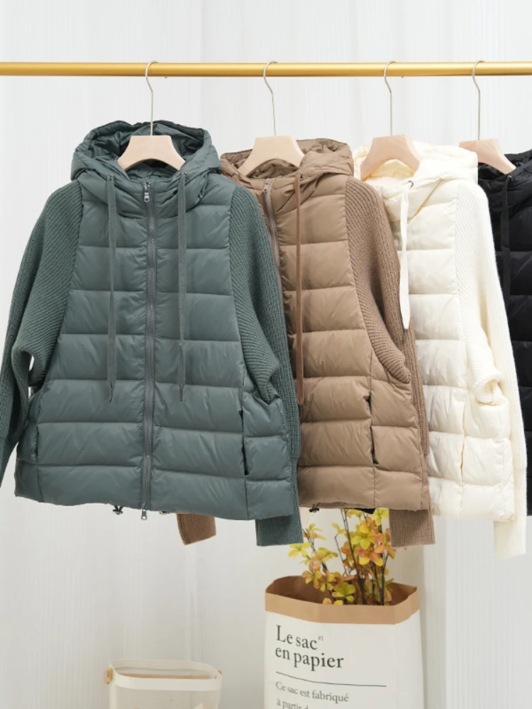 

Fitaylor/осенне-зимнее женское трикотажное пальто с капюшоном и рукавами в стиле пэчворк, белый пуховик на утином пуху, Повседневная Свободная парка, верхняя одежда