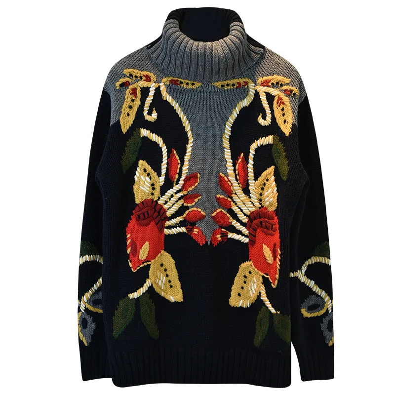 New Spring Fashion Women Sweater Retro Ethnic Hand Color Embroidery Pullover Pull Femme Vintage Plate Flower Turtleneck Jersey