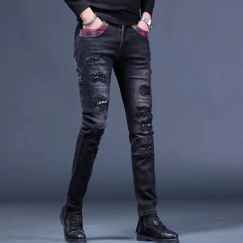 Men Ripped Patches Black Jeans Autumn Mens Slim Fit Pencil Pants Streetwear Fashion Plaid Patchwork Stretch Denim Trousers