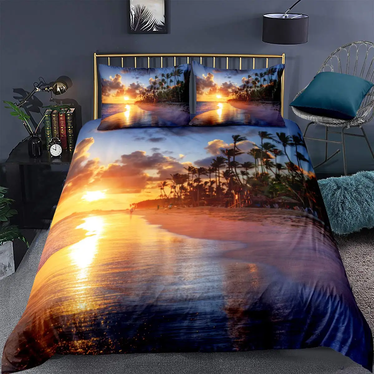 

Bedding Set Hawai Tropical Palm Tree Nature Polyester Comforter Cover Beach Duvet Cover Set King/Queen Size Summer Sea Ocean