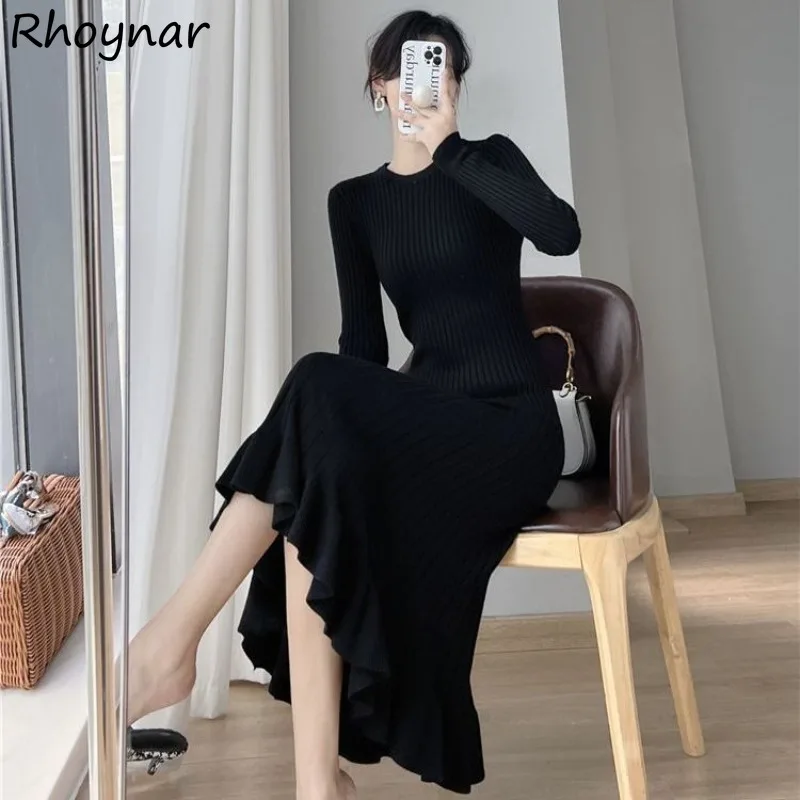 

Женское трикотажное облегающее платье-труба, однотонное базовое универсальное платье средней длины с круглым вырезом и длинным рукавом в Корейском стиле, Осень-зима