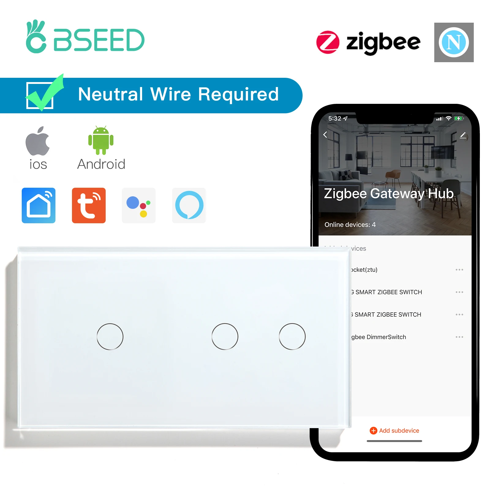 Умные переключатели BSEED Zigbee настенный сенсорный выключатель с 1/2/3 клавишами