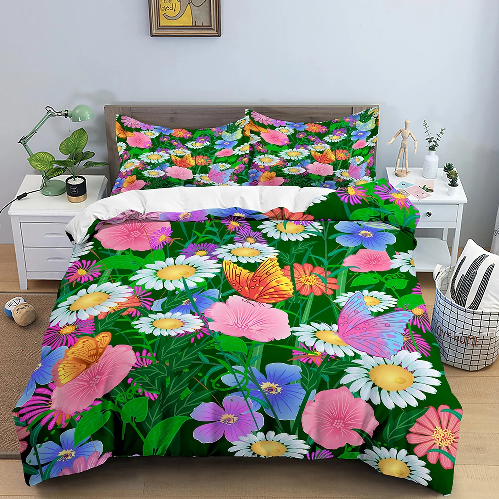 

Bedding Set for Kids Teens Adults White Floral Theme 2/3pcs Polyester Quilt Cover Daisy King Queen Duvet Cover Flowers Butterfly