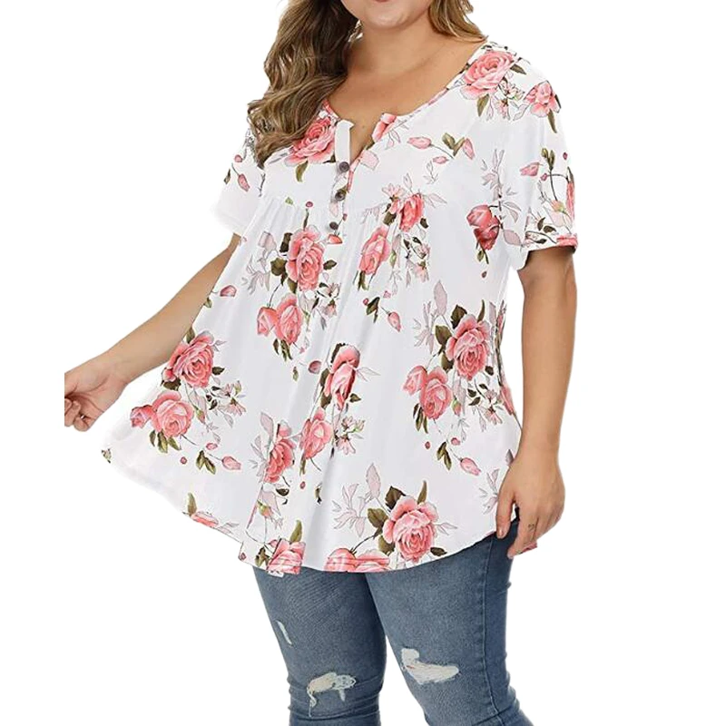 2022 Fashion Women Plus Size Floral Print Tunic Tops Buttoned Pleated Short Sleeve Big Size Ladies Clothing Grande Taille Femme