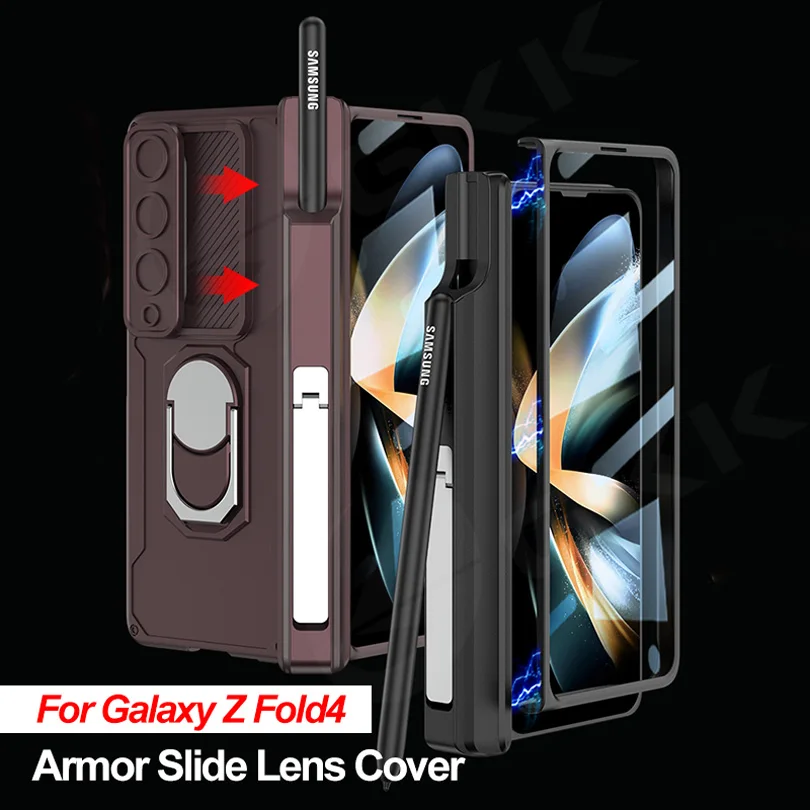 

GKK Shockproof Armor Slide Lens Case For Samsung Galaxy Z Fold 4 With Glass Cover For Samsung Z Fold4 Magnetic Hinge Stand Case