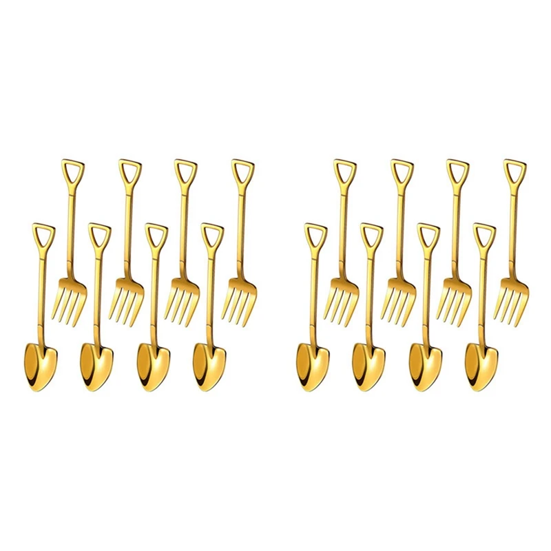 

16 Pieces Shovel Spoon Fork Shovel Coffee Spoon Shovel Handle Dessert Spoon Ice Cream Spoon Shovel Shape Fork (Gold)