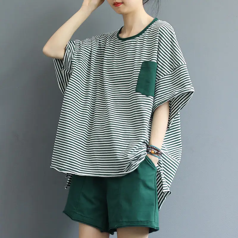 

2023 Summer Shorts Outfit Striped Panel T-Shirt Shorts Two-Piece Set British Style Loose Cotton Matching Sets Summer Clothes