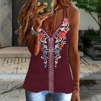 blouse tank tops v neck sleeveless sling pullover top casual ethnic style print vest t shirt ladies clothing plus size