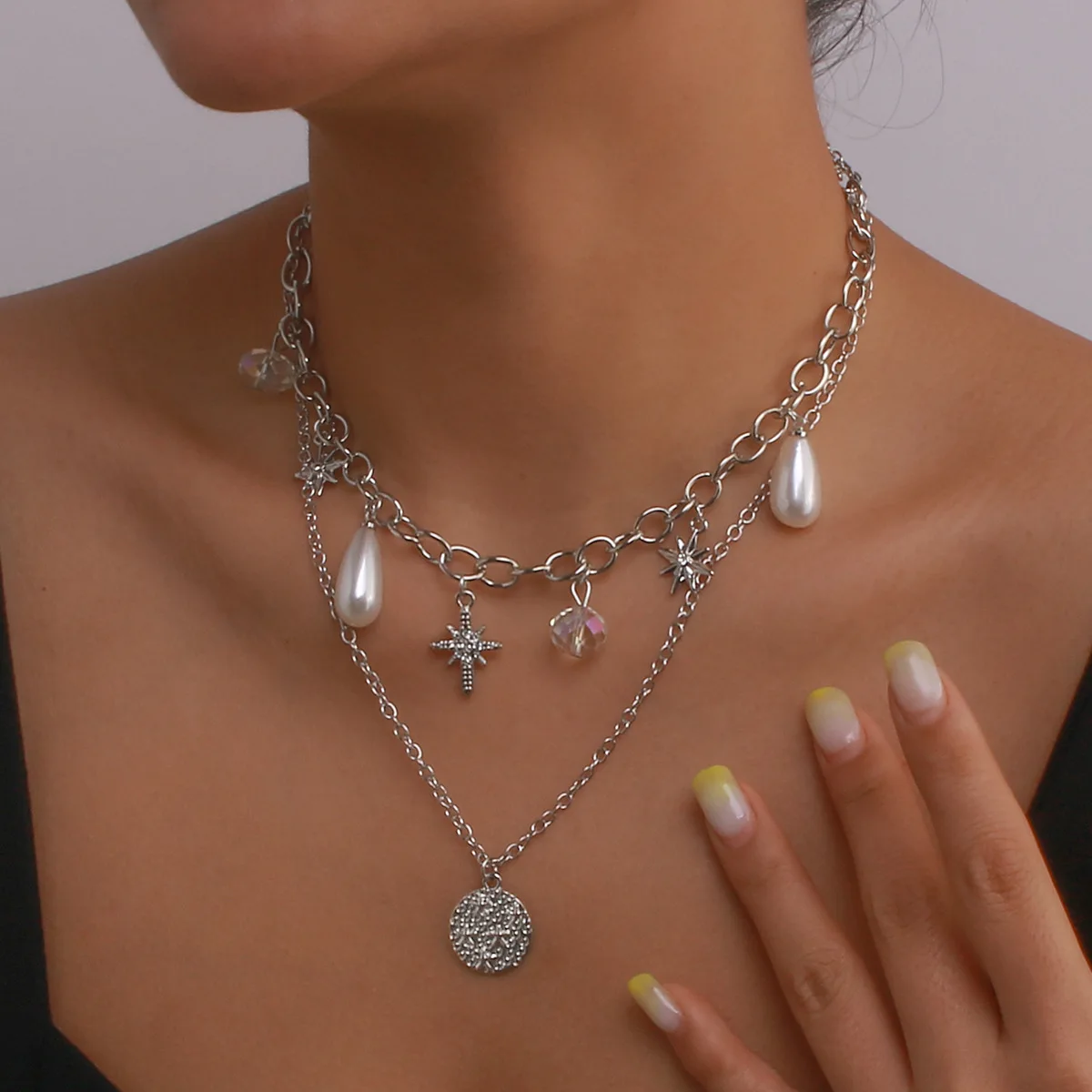 

New Women Layered Beads Chocker Gold Color Chain Star Pearl Choker Necklace Jewelry Collana Kolye Bijoux Collares Mujer Collier