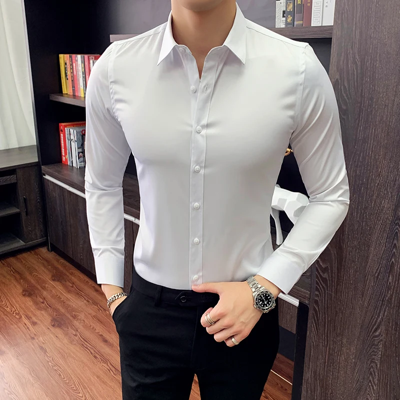 

Mens Shirts 2022 Summer New England Style High Quality Short Sleeve Business Casual Solid Color Stretch Slim Shirt Mens Clothing