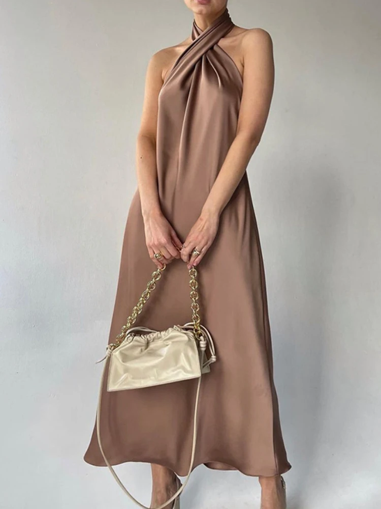 

2022 Summer Women's Neck-hanging Long Dress Satin Backless Sexy Temperament Fashion Dress Sense Dress A-LINE Dresses Women