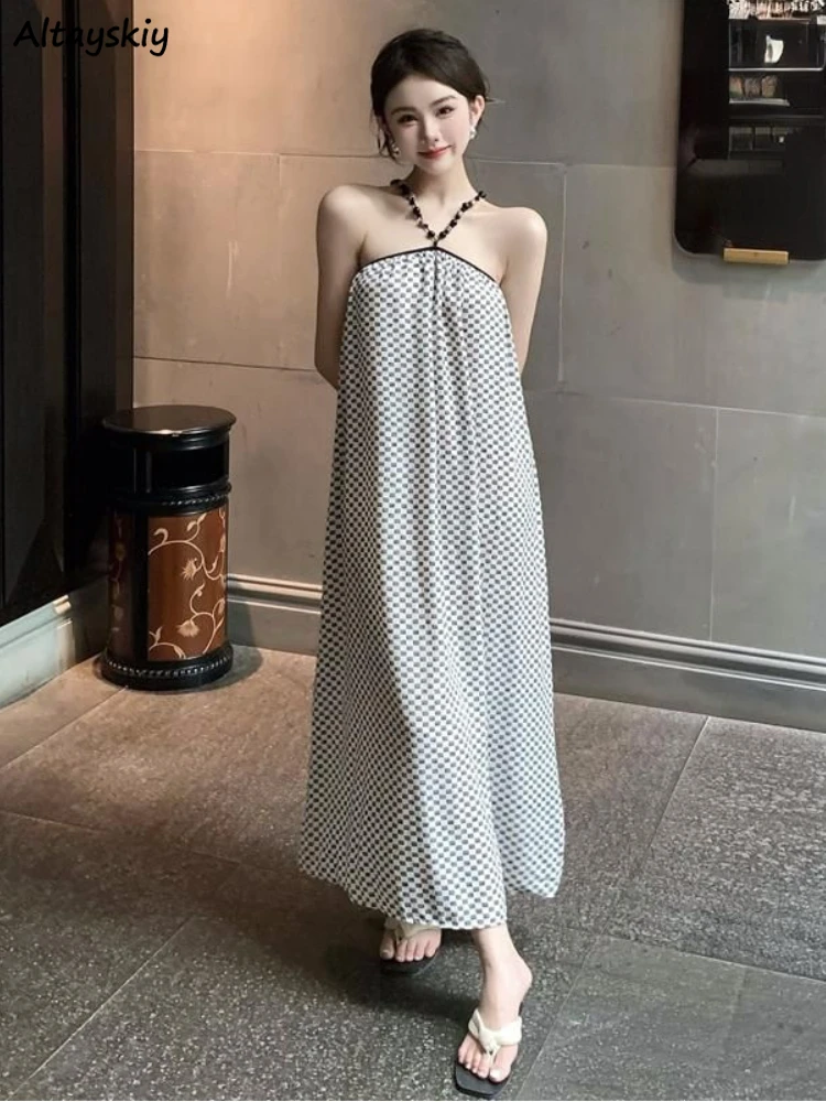 

Plaid Dresses Women Beading Halter Summer New Elegant French Style Vacation Fashion Design Vintage Sexy Backless Hotsweet Ladies