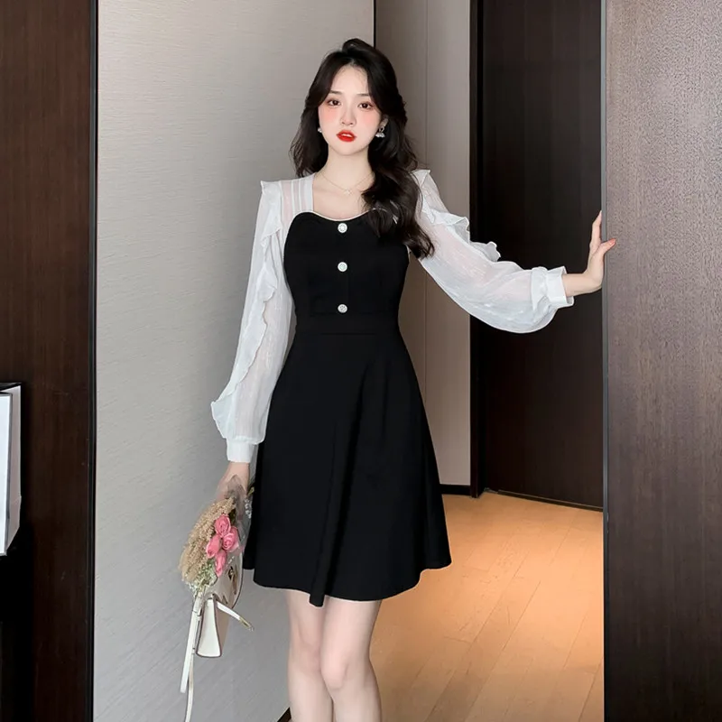 

COIGARSAM Women's Fashion Dresses New Chiffon Long Sleeve High Waist Black Dress