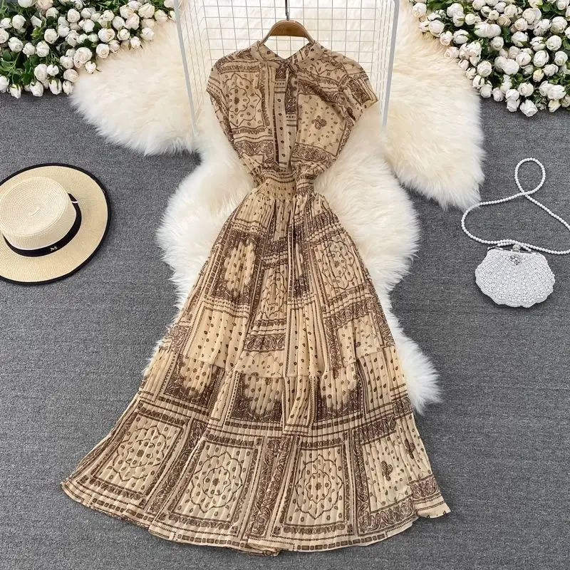 

Vintage Printed Pleated Long Dress Women Black/Red/Khaki Draped Vacation Beach Maxi Vestidos Female Elegant Robe Spring Summer