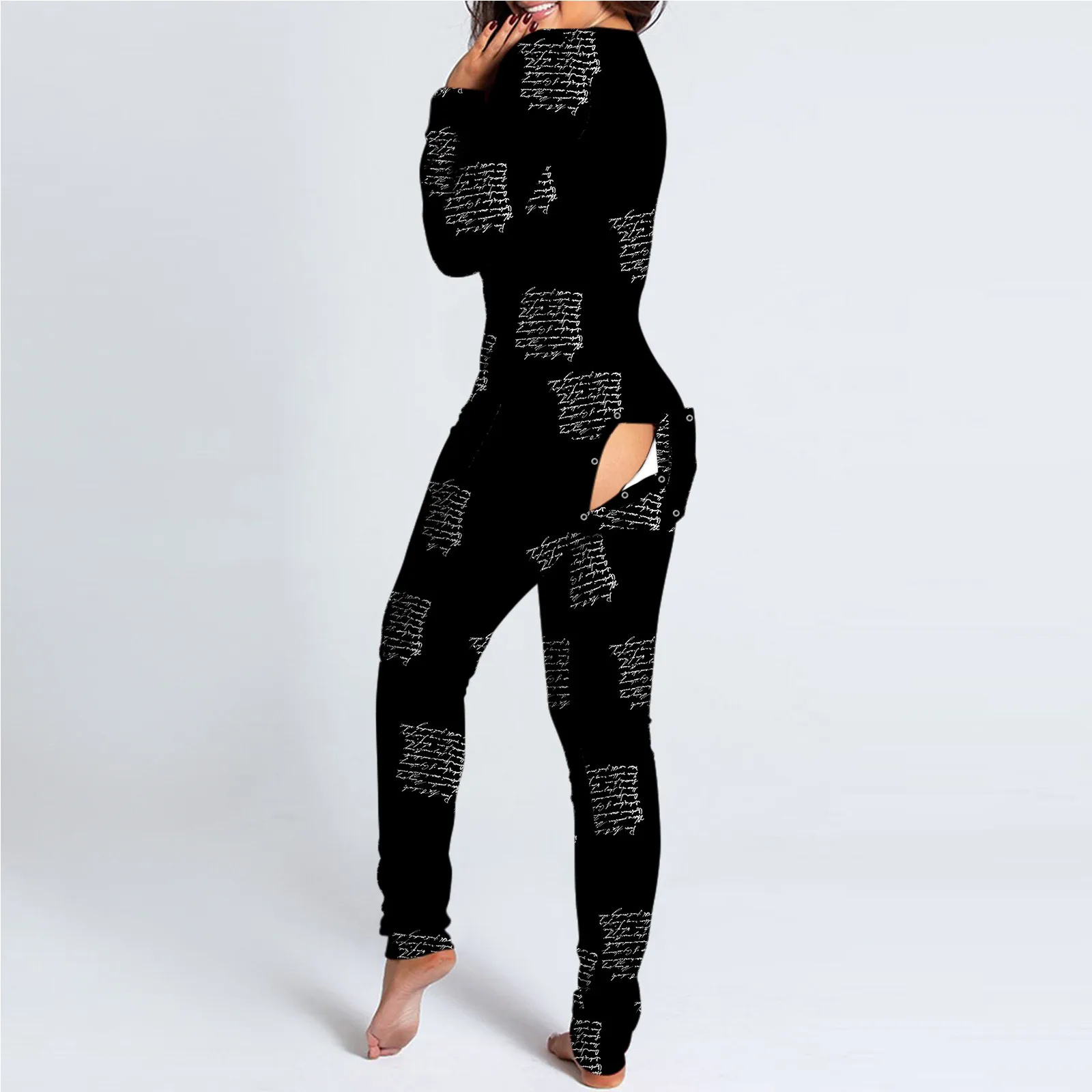 

Women Sweatshirt Button Down Halloween Print Butt Flap V Neck Jumsuit Sleepwear Loose Rompers for Women