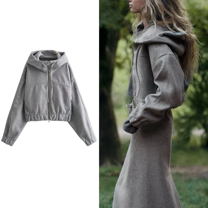 

Костюм-Свитшот женский серый укороченный с высоким воротником и юбкой миди