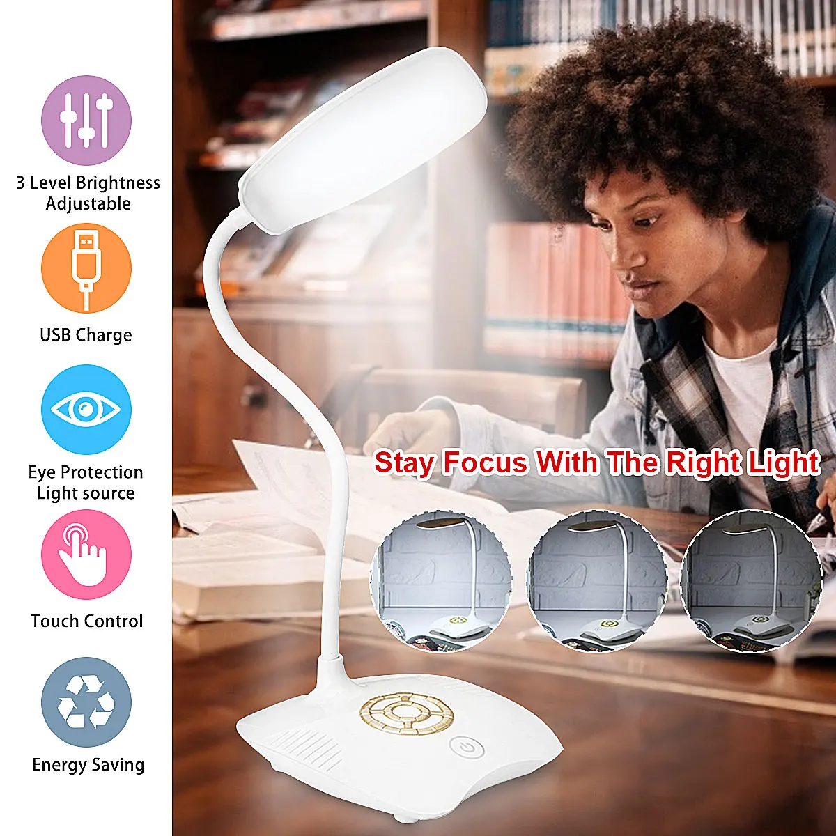 

LED Desk Lamp Foldable Dimmable Touch Table Lamp DC5V USB Powered Table Light 6000K Night Light Touch Dimming Portable Lamp