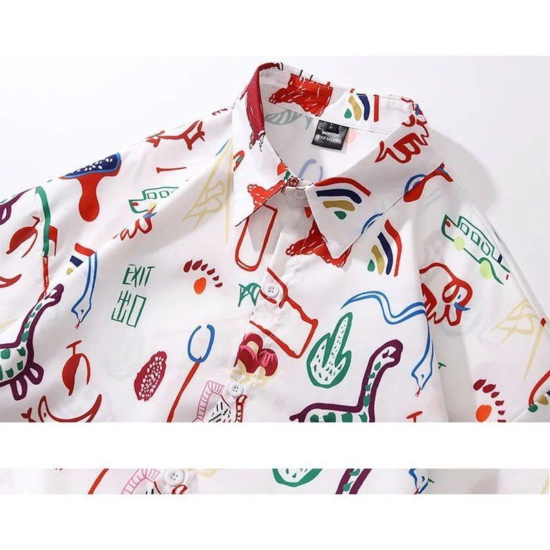 Summer White Fun Cartoon Doodle Painting Print Men's Shirt  American Retro Loose Lapel Fashion Shirts for Men Short Sleeve Shirt