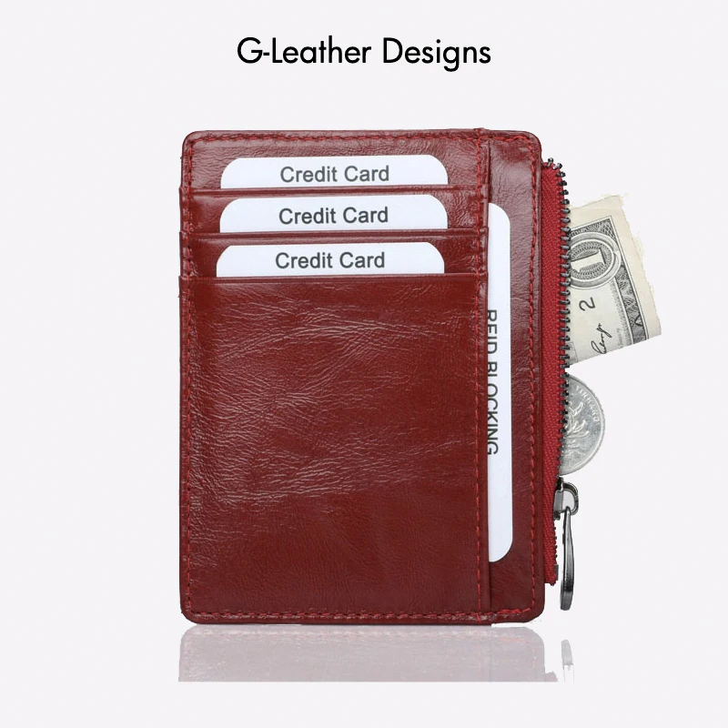 Vintage Genuine Leather Card Holder RFID Protect Slim Vertical with Black Zipper Cow Leather Card Wallet
