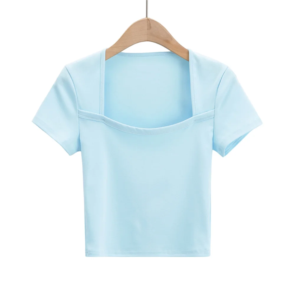 

Summer New Street Casual Solid Color Square Neck Short Sleeve T-Shirt Women, Sexy Fashion Stretch Short Pullover T-Shirt Women