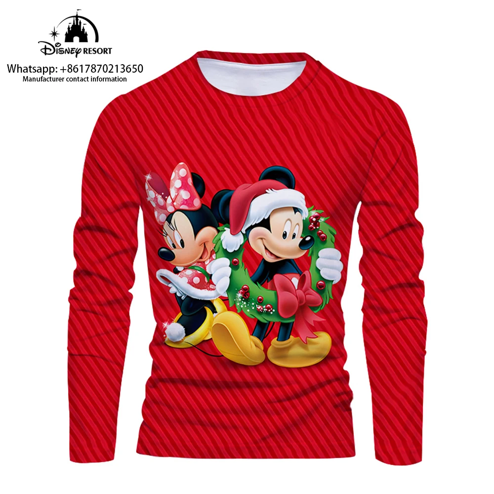 

Men's fashion Mickey Minnie Christmas party long-sleeved T-shirt black and white red stitching top T-shirt men's shirt new