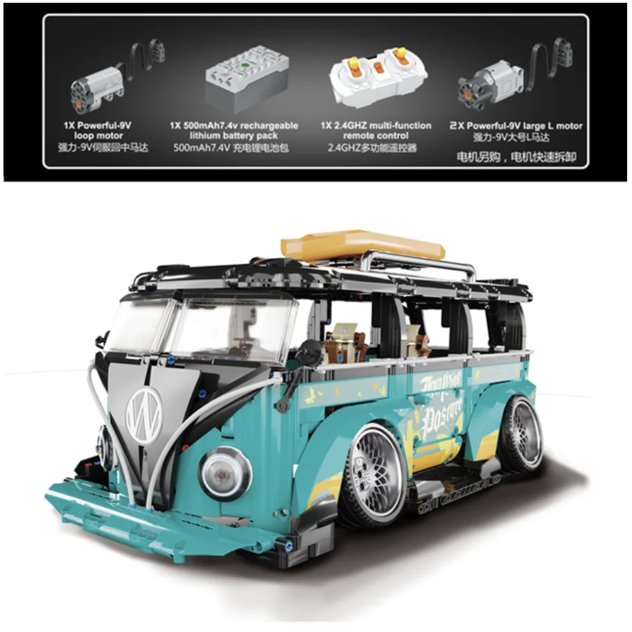 

Volkswagen T1 Camper Car Van Motorized RC VW BUS Car Model Building Blocks Compatible 10220 10510 DIY Bricks Toys for kid Gift