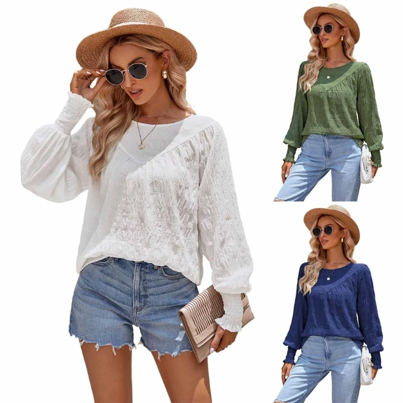 

Womens Blouses Fashion 2023 Smocked Long Sleeve Round Neck Casual Summer Shirts P8DB