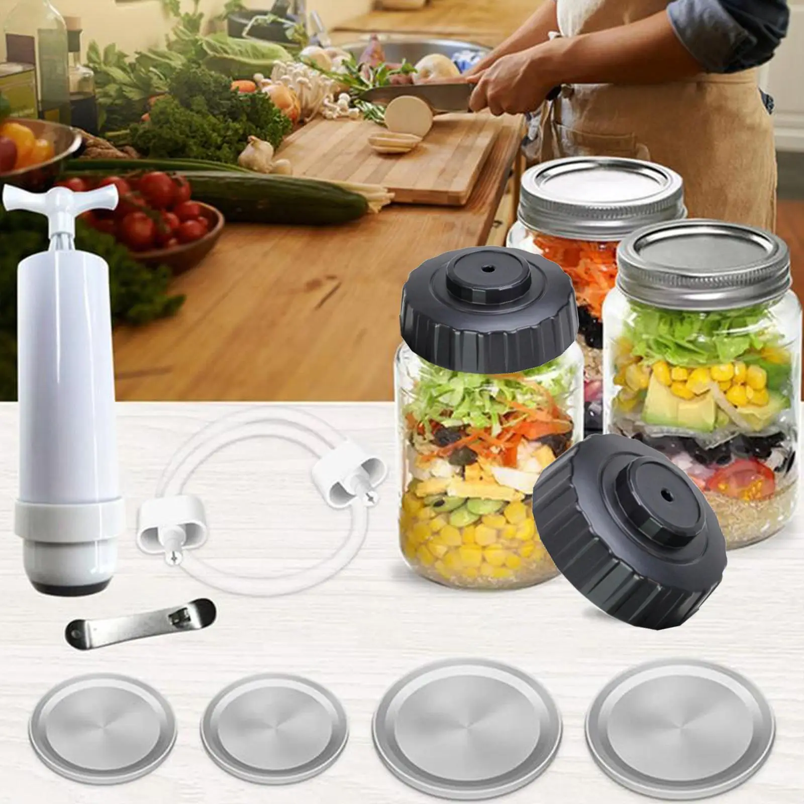

Набор для вакуумного упаковщика Mason Jar, аксессуары, шланг, совместимый с пищевым сохранением, вакуумный упаковщик для пятен продуктов, с M2L7