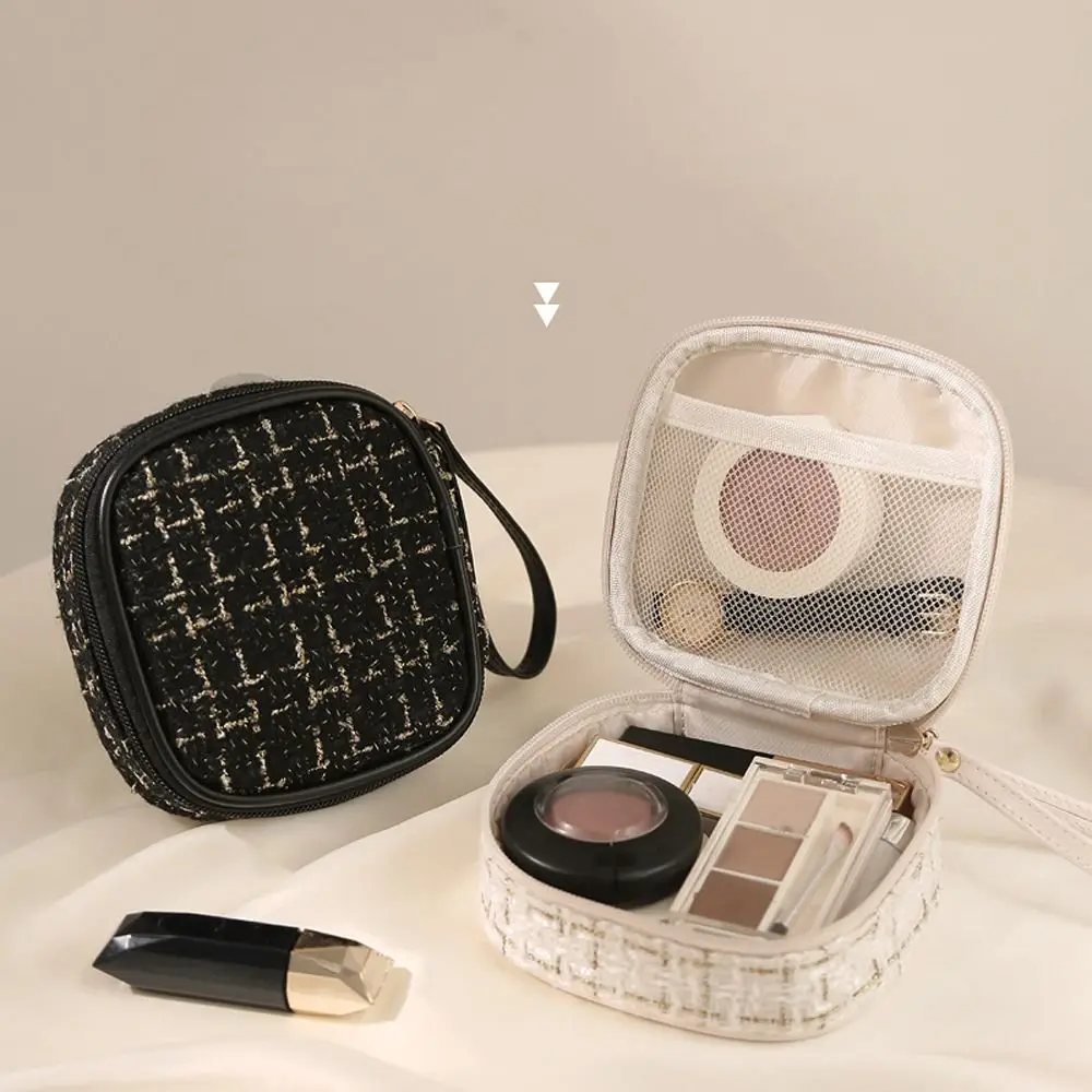 

French Style Lattice Square Makeup Cosmetic Bag Grid Coin Purse With Lanyard Storage Bag Girls Card Holder Sanitary Pad Pouch