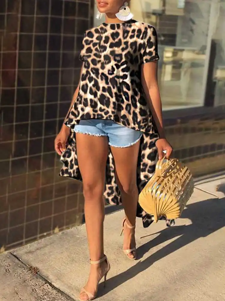 

2023 VONDA Summer Blouse Fashion Women Long Tops Bohemian Leopard Printed Tunic Asymmetrical Casual Short Sleeve Party Shirts