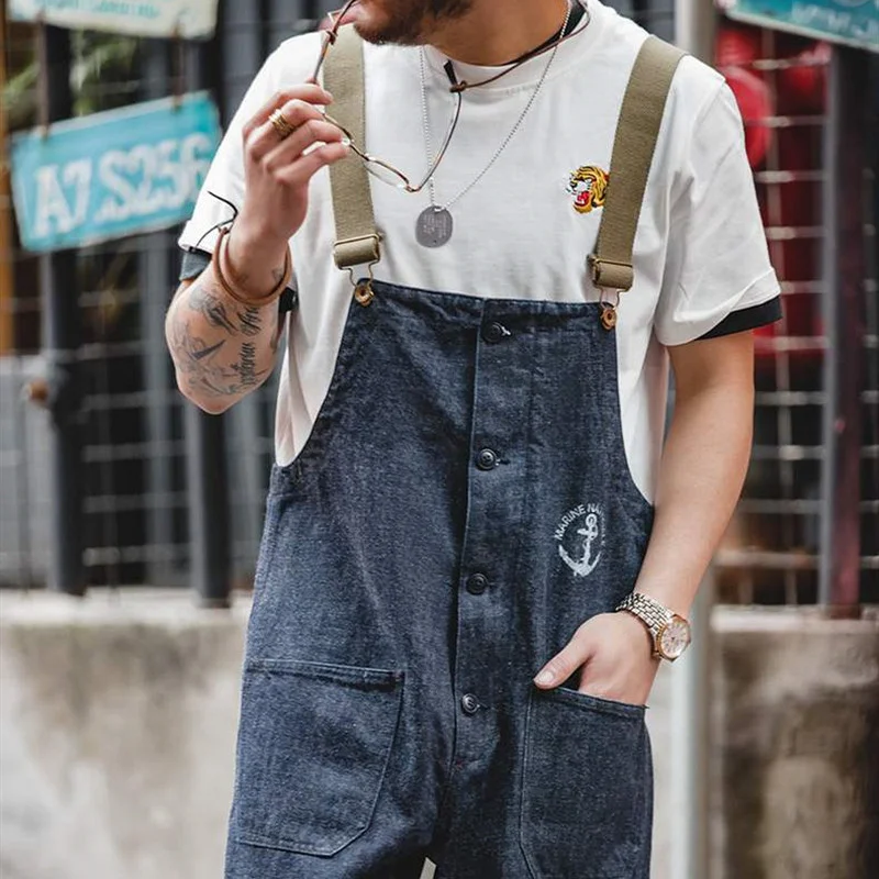 Retro Cargo Overalls Navy Deck Denim Bib Overalls Washed Denim Straight Jeans Japanese Men's Pocket Jumpsuit Trendy Street Wear
