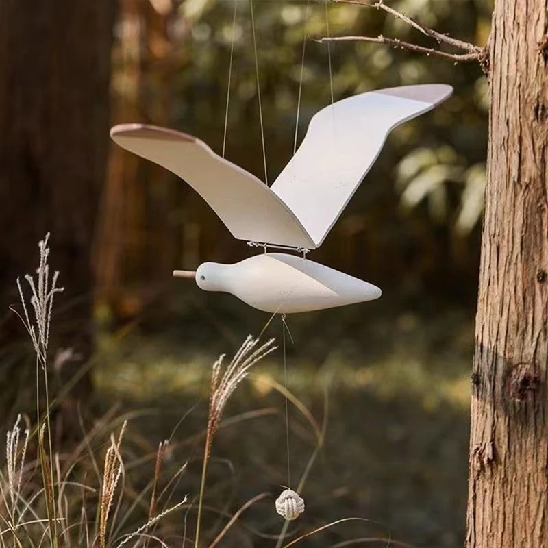 Soaring Seagulls Hanging Mobile Wing Wood Flying Seagull Decor Ceiling Pendant Unique Home Nautical Wall Decoration White