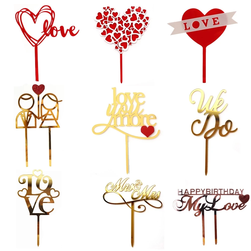Promotional Happy Anniversary Cake Topper Acrylic Rose Gold Silver Cupcake for Birthday Wedding Party Decorations |