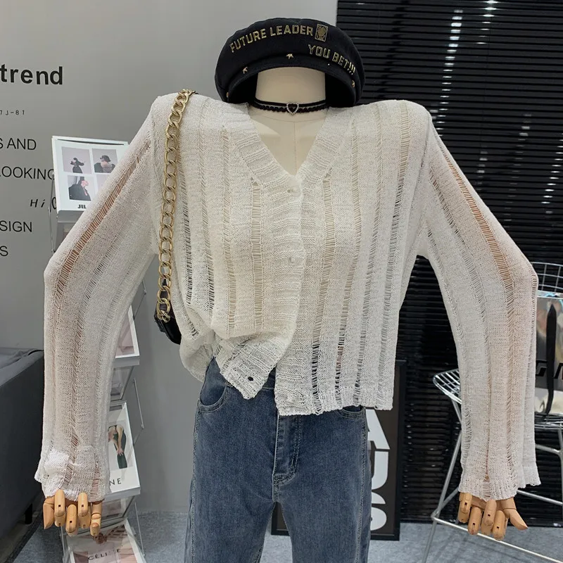 

New in Women's Clothing 2023 Spring versatile Perspective design Thin sunscreen knitted cardigan sweater top