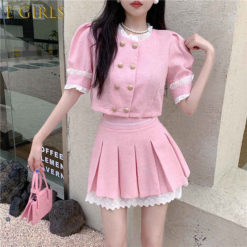 E GIRLS  Women Sexy JK Uniform Double breasted Short Top 2022 Summer New Sweet Cute Gentle Lace Stitching A line Pleated Skirt