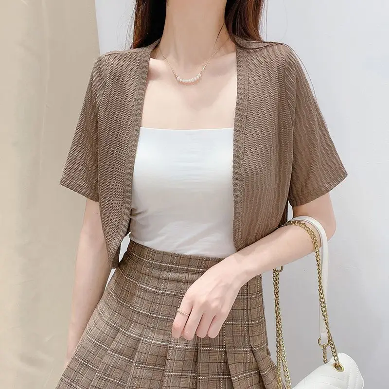 Кардиган с газовым каркасом для женщин завязка коротким рукавом открытым одежда