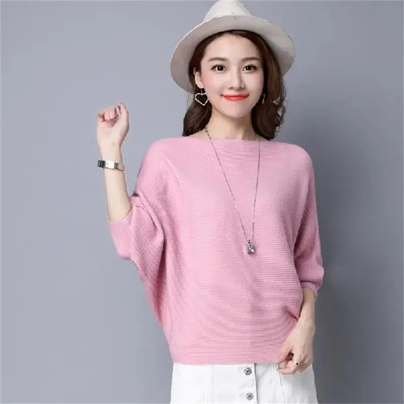 

Elastic Pullover 2024 Spring and Autumn Popular Knitwear Women's Bat Sleeve Sweater Knitted Coat Loose Large Slash Neck Tidal