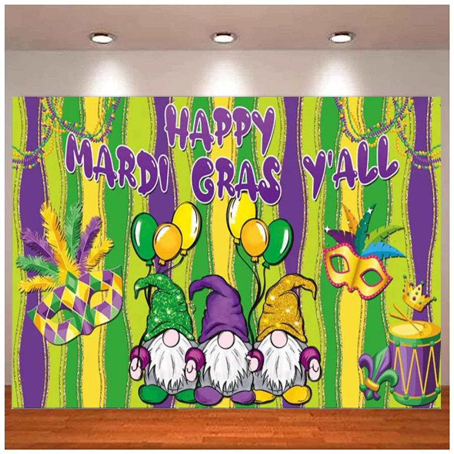 

Happy Mardi Gras Party Supplies Decorations Gnome Yard Sign Background Banner Flag Masquerade Themed Photography Backdrop Happy