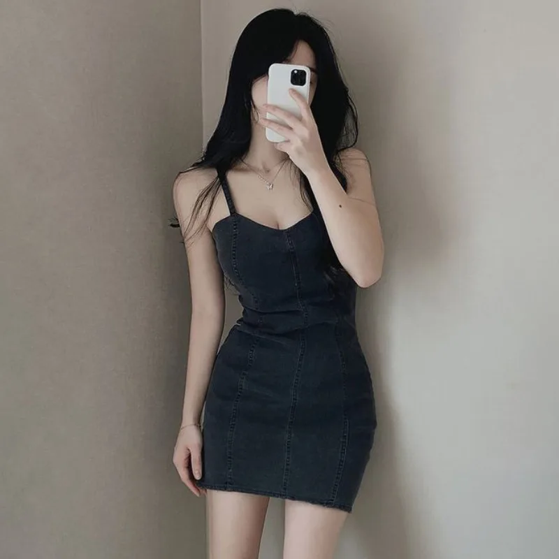 Женское облегающее джинсовое платье Y2k черное уличное с V-образным вырезом и